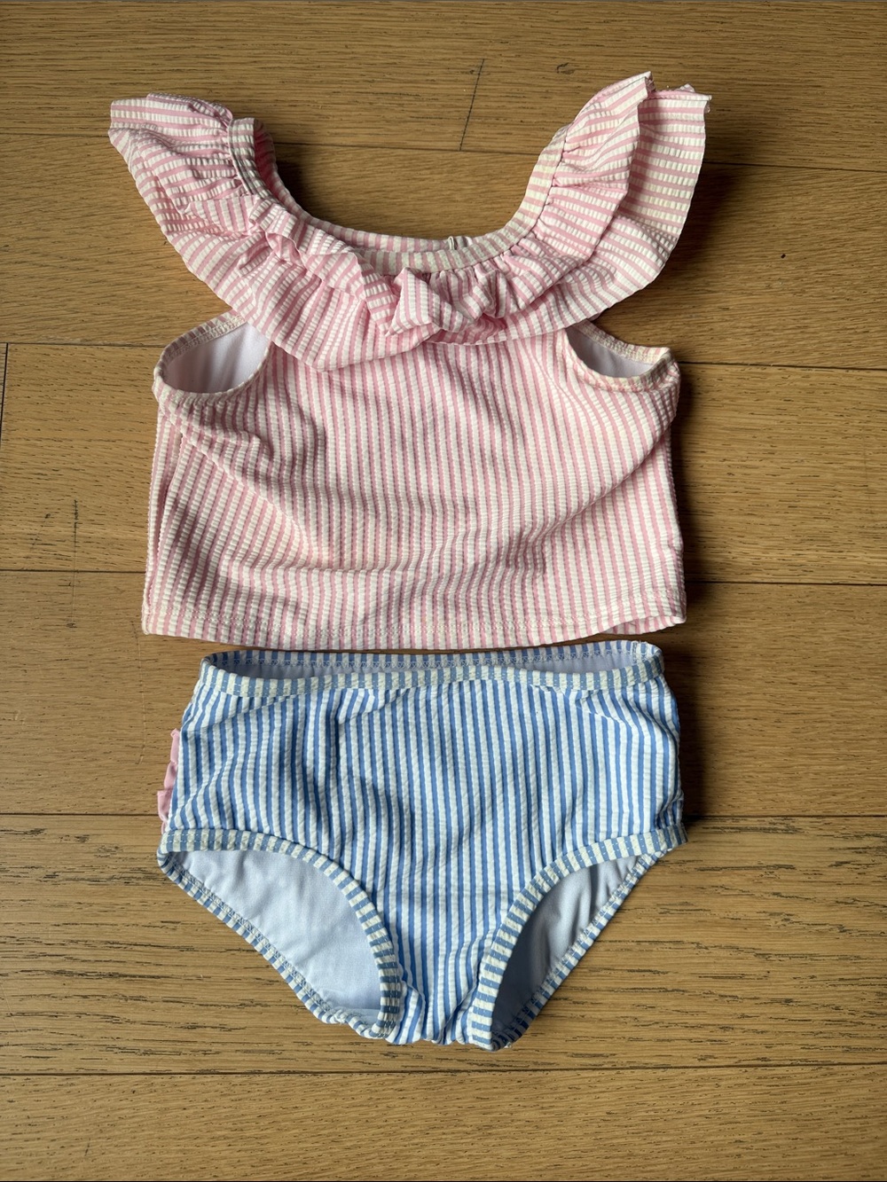 Ruffle Butts Pink and Blue Striped Two-Piece Swim Set